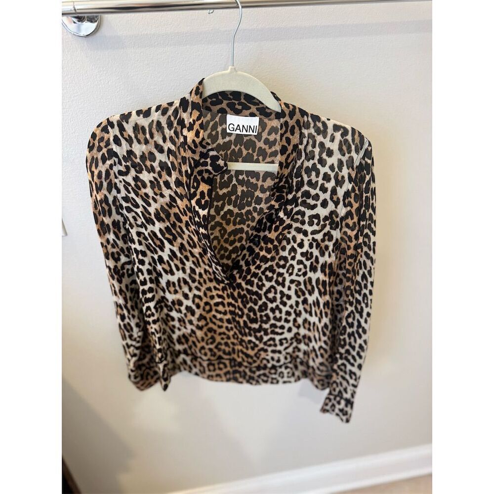 GANNI Women's Brown Leopard Print Georgette Blouse Size L Long Sleeve - Picture 2 of 4